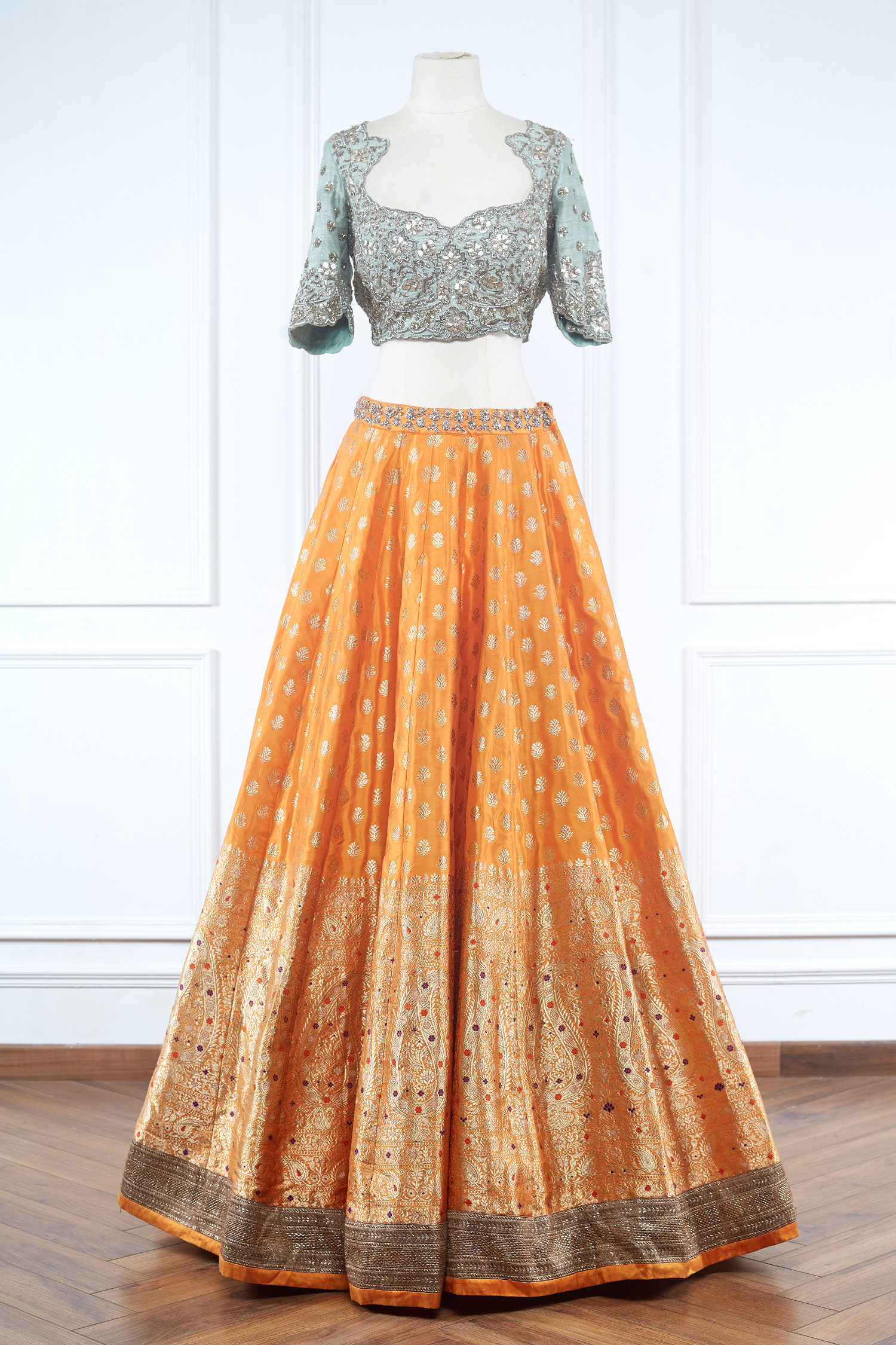 Orange woven banarasi lehenga set