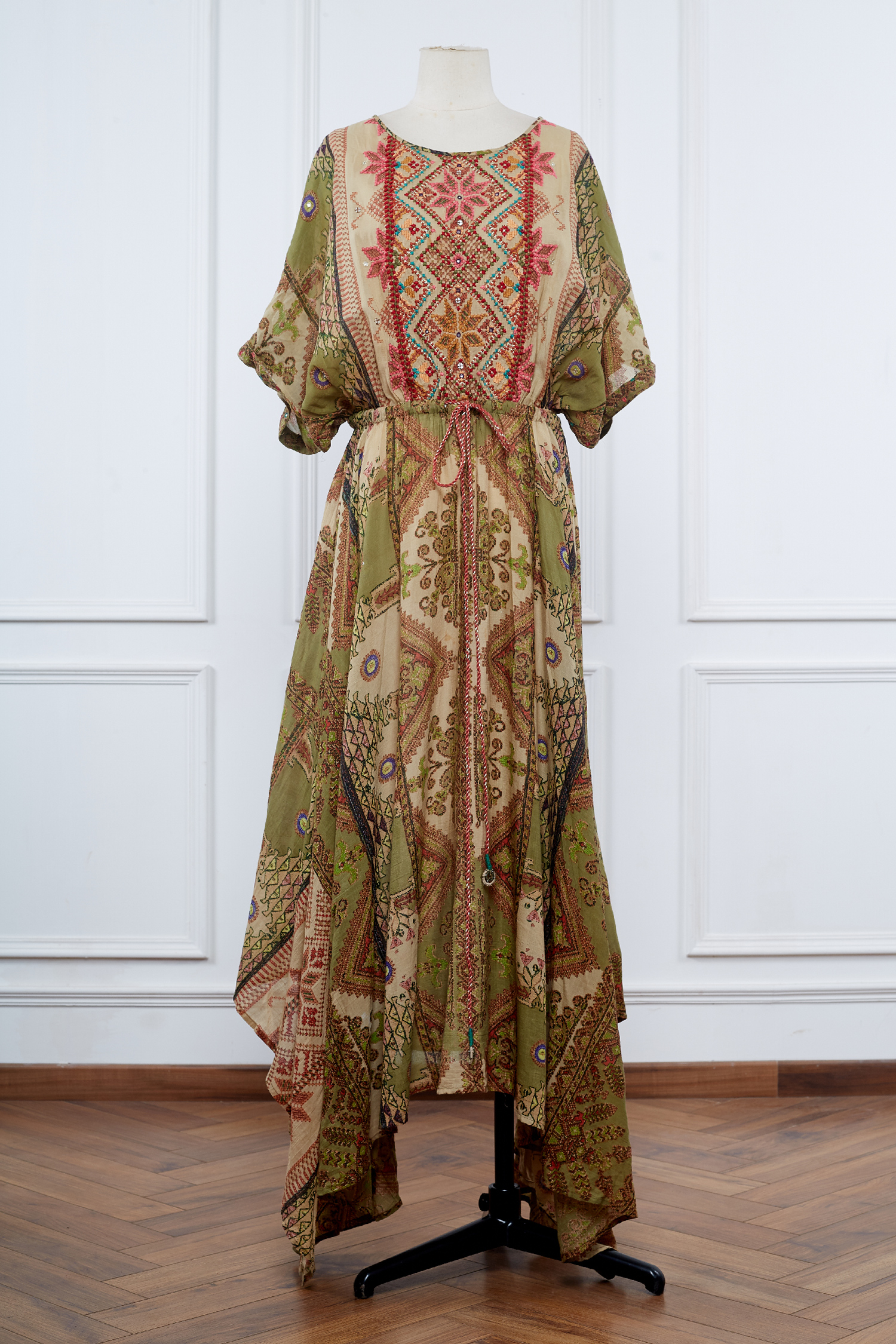 Green geometric printed kaftan dress
