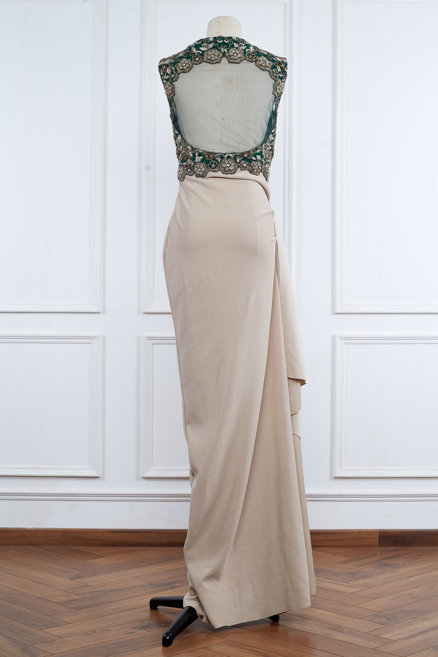 Green and cream draped gown